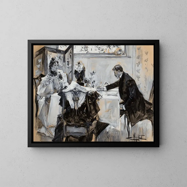 Mann und Frau am Tisch - Albert Beck Wenzell — gerahmtes Bild an der Wand