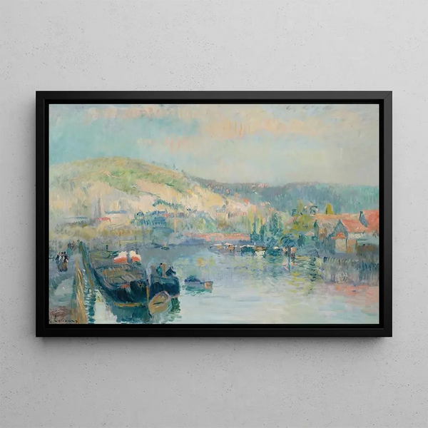 Péniche und Ufer der Seine lebendig bei Rouen - Albert Lebourg — gerahmtes Bild an der Wand