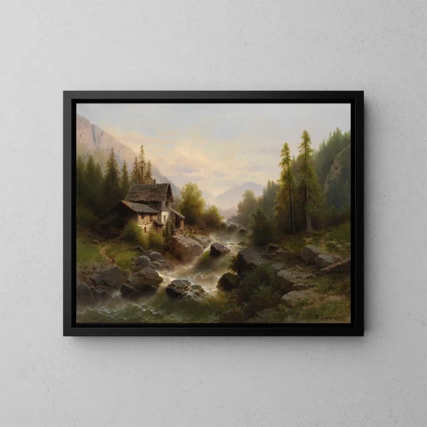 Landschaft mit Wassermühle im Berner Oberland - Albert Rieger — gerahmtes Bild an der Wand
