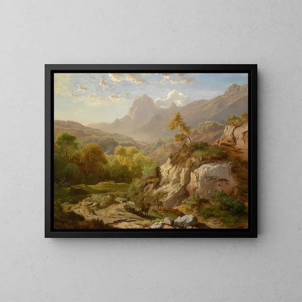 Hirsch in einer weiten Berglandschaft - Albert Zimmermann — gerahmtes Bild an der Wand