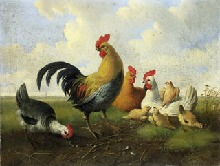 Albertus Verhoesen - A rooster with Hens and Chicks.webp