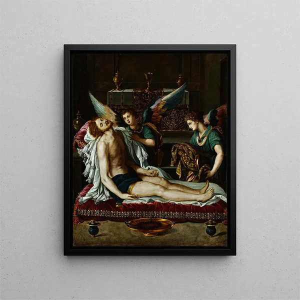 Der Leib Christi gesalbt von zwei Engeln - Alessandro Allori — gerahmtes Bild an der Wand