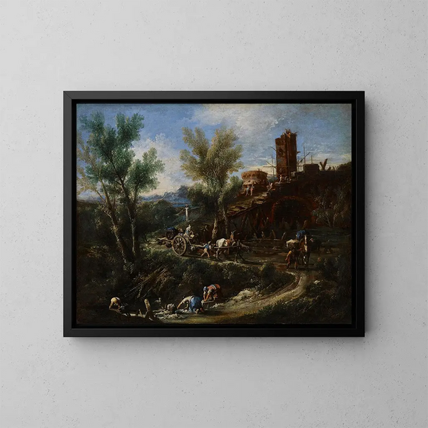 Landschaft mit Zigeunern und Waschfrauen - Alessandro Magnasco — gerahmtes Bild an der Wand
