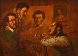 Alexander Clarot - Knstlergesellschaft Die Maler Gauermann Danhauser und Alconiere vor dem Bild Dr Mllers.webp