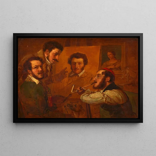 Alexander Clarot - Knstlergesellschaft Die Maler Gauermann Danhauser und Alconiere vor dem Bild Dr Mllers.webp