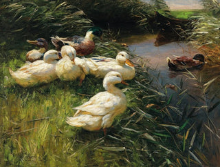 Alexander Koester - Ducks on the Lakeside in Reeds with a Boat.webp