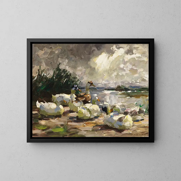 Enten am Wasserufer, bewölkte Atmosphäre - Alexander Koester — gerahmtes Bild an der Wand