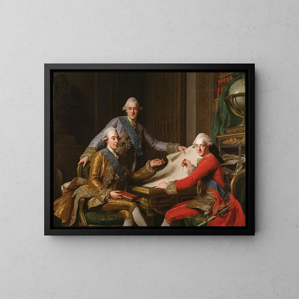 Der König Gustave III. von Schweden und seine Brüder - Alexander Roslin — gerahmtes Bild an der Wand