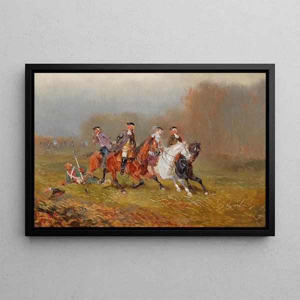 Flucht eines eleganten Reiters vor der Schlachtfeld - Alexander von Bensa — gerahmtes Bild an der Wand