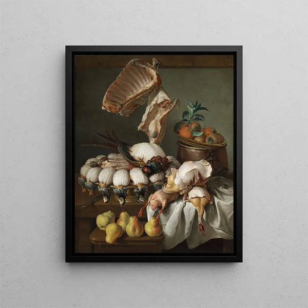 Jagd- und Fruchtstillleben mit Fleisch - Alexandre François Desportes — gerahmtes Bild an der Wand