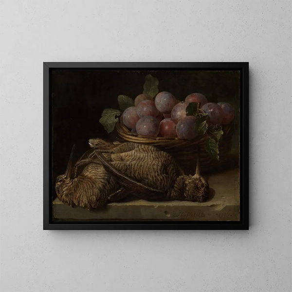 Stillleben mit Pflaumen und zwei Birkhühnern auf einem Steintisch - Alexandre François Desportes — gerahmtes Bild an der Wand