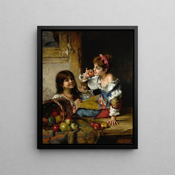 Zwei Mädchen mit Äpfeln und Birnen - Alexei Harlamoff — gerahmtes Bild an der Wand