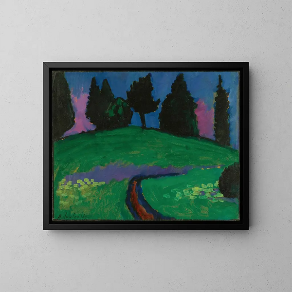 Dunkle Bäume auf einem grünen Hang - Alexej von Jawlensky — gerahmtes Bild an der Wand