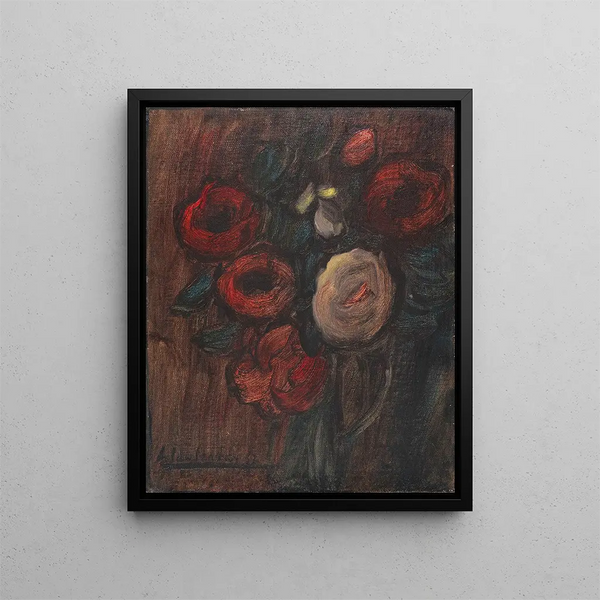 Großes Stillleben mit grüner Krug und Pfingstrosenstrauß aus dunklen Rosen - Alexej von Jawlensky — gerahmtes Bild an der Wand