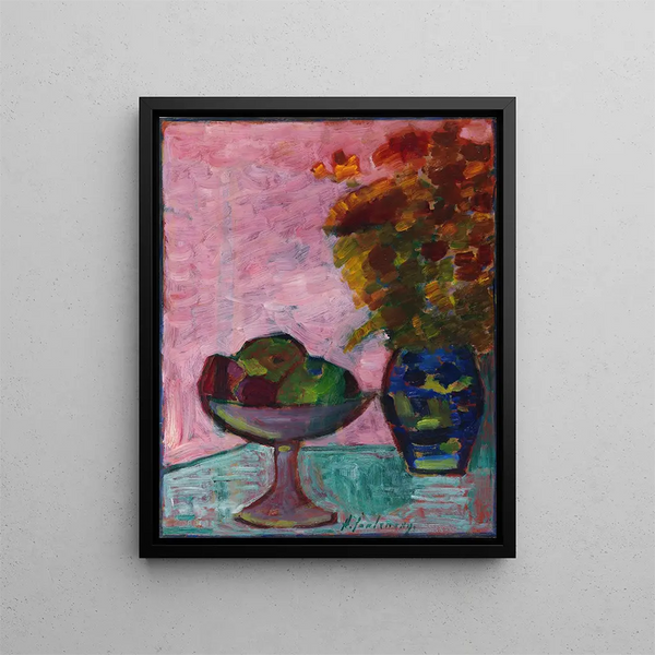 Stillleben mit Obstschale und Blumenvasen - Alexej von Jawlensky — gerahmtes Bild an der Wand