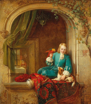 Alexis Van Hamme - A Boy at the Window with Small Dog and Parrot.webp