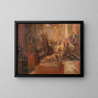 AlfredNicolas Martin - Salle de muse avec les sculptures de Barye devant une tapisserie.webp