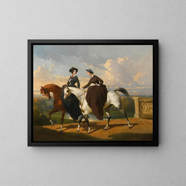 Zwei Amazonen auf dem Pferd - Alfred de Dreux — gerahmtes Bild an der Wand