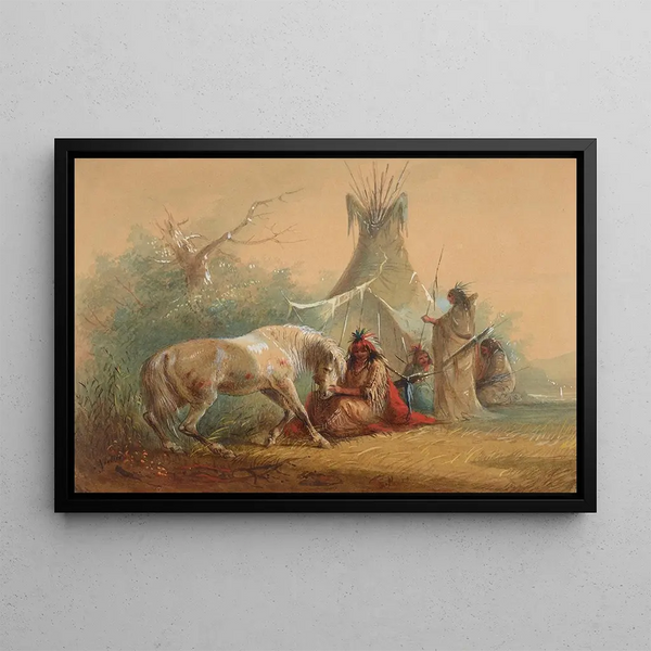Indien, das sein Pferd streichelt - Alfred Jacob Miller — gerahmtes Bild an der Wand