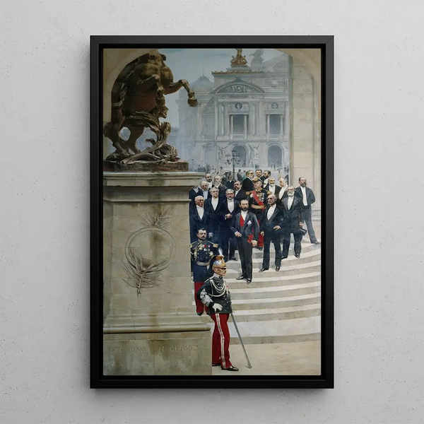 Der Präsident Sadi Carnot umgeben von Persönlichkeiten der III. Republik vor der Oper - Alfred Stevens — gerahmtes Bild an der Wand
