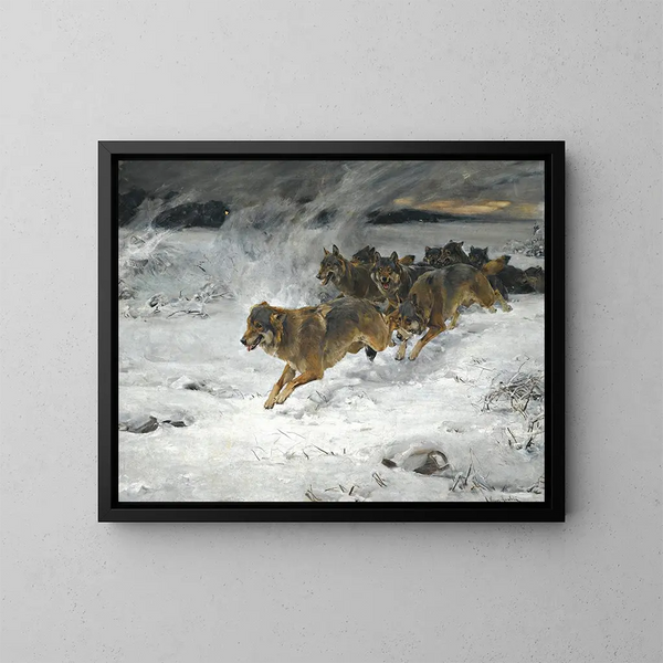 Eine Wolfsrudel - Alfred von Wierusz-Kowalski — gerahmtes Bild an der Wand