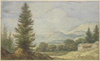 Allaert van Everdingen - Gebirgslandschaft links hohe Tannen rechts zwei Htten.webp