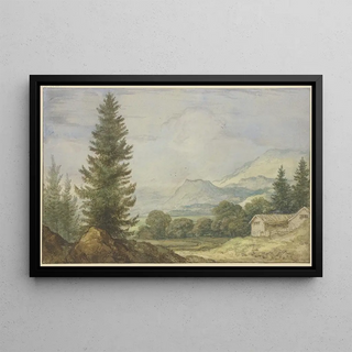 Allaert van Everdingen - Gebirgslandschaft links hohe Tannen rechts zwei Htten.webp