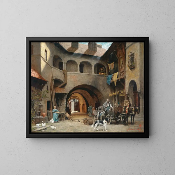 Innenhof in Friesach mit Transportfahrzeug - Alois Schönn — gerahmtes Bild an der Wand