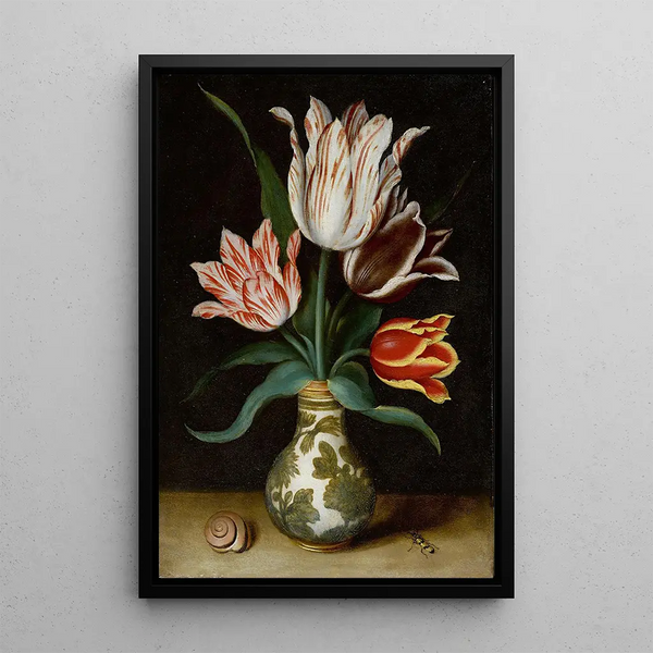 Natur stillleben mit vier Tulpen in einer WanLi-Porzellanvase - Ambrosius Bosschaert der Ältere — gerahmtes Bild an der Wand