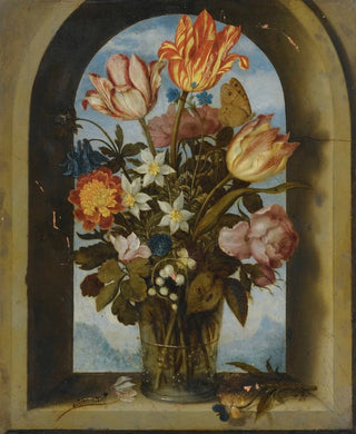 Ambrosius Bosschaert the Elder - Still Life Of Tulips MossRoses LilyOfTheValley And Other Flowers In A Glass Beaker Set In An Arched Stone Window Opening.webp