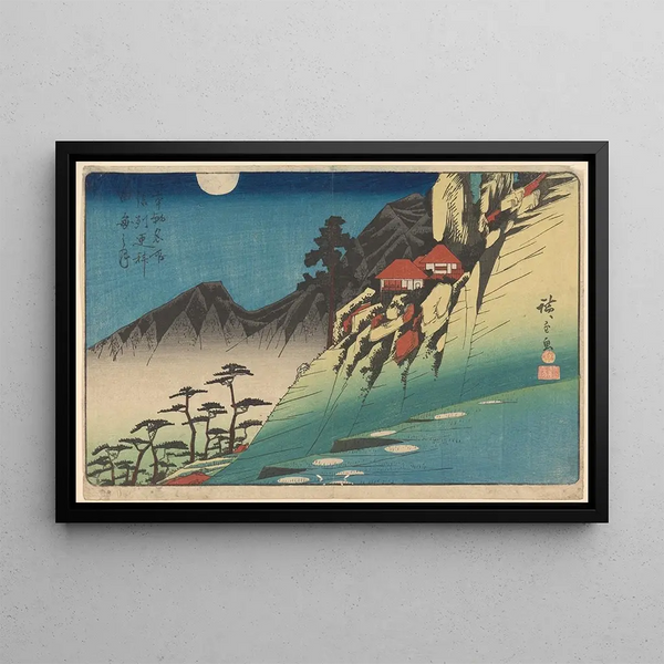 Häuser auf dem Hügel, dunkle Berge - Andō Hiroshige — gerahmtes Bild an der Wand