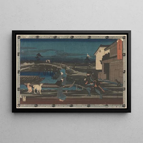 Angriff in der Nacht des Chushingura Honzo - Andō Hiroshige — gerahmtes Bild an der Wand