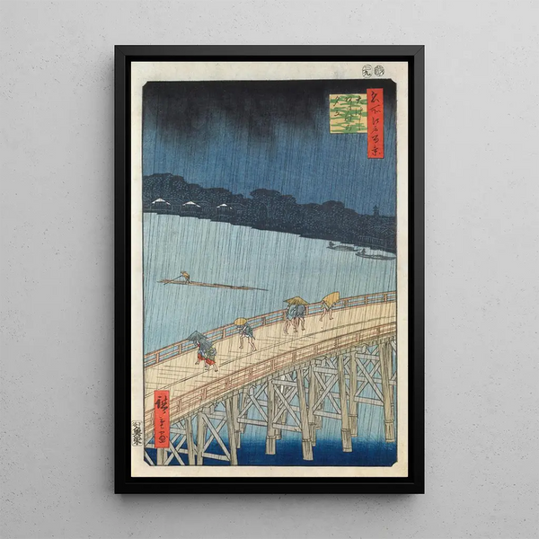 plötzlicher Regenschauer auf der Brücke Ohashi und Atake - Andō Hiroshige — gerahmtes Bild an der Wand