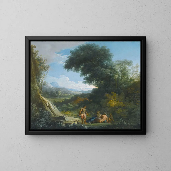 Ein Faun und eine Nymphe, die in einer Landschaft liegen - Andrea Locatelli — gerahmtes Bild an der Wand
