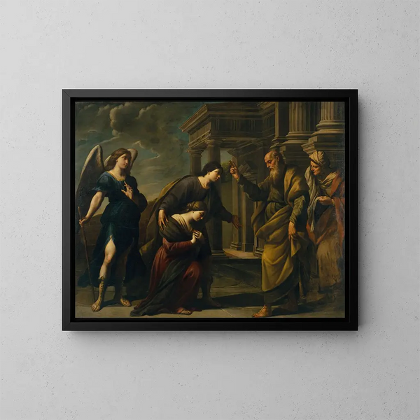 Der Segen von Raguel an seine Tochter Sarah, bevor er Ekbatana mit Tobias verlässt - Andrea Vaccaro — gerahmtes Bild an der Wand