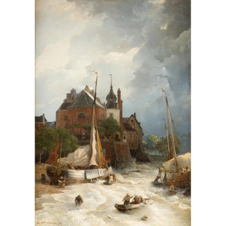 Andreas Achenbach - Beach by a town with old tower and rampart.webp