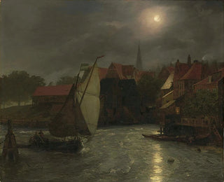 Andreas Achenbach - Boats On A Canal Moonlight.webp