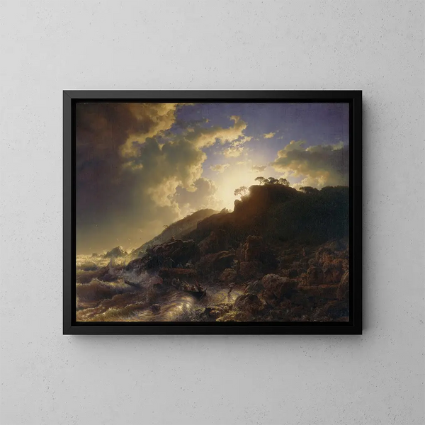 Sonnenuntergang nach einem Sturm an der Küste Siziliens - Andreas Achenbach — gerahmtes Bild an der Wand
