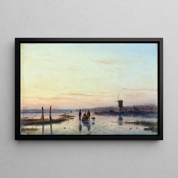 Windmühle in der Nähe eines zugefrorenen Flusses - Andreas Schelfhout — gerahmtes Bild an der Wand