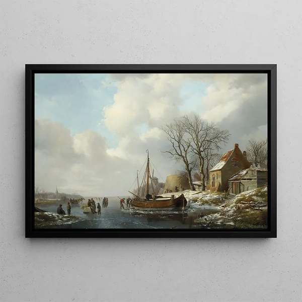 Winterlandschaft mit Figuren bei einem Boot auf einem zugefrorenen Wasserweg - Andreas Schelfhout — gerahmtes Bild an der Wand