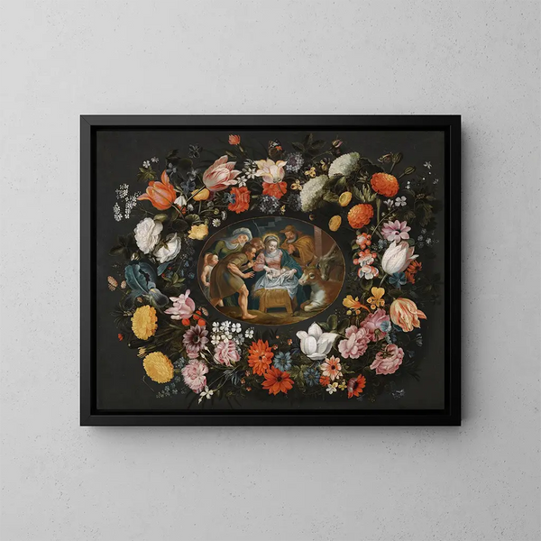 Anbetung der Hirten umgeben von einer Blumenkranz - Andries Snellinck — gerahmtes Bild an der Wand