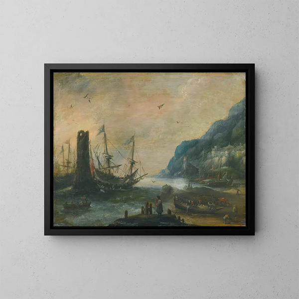 Eine mediterrane Küstenszene mit einem Turm, Schiffen und Figuren am Strand - Andries van Eertvelt — gerahmtes Bild an der Wand