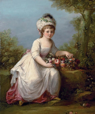 Angelica Kauffmann - Portrait of a young girl fulllength seated in a white dress with a basket of flowers in a landscape.webp