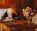 Ane Hedvig Brndum sitzend an ihrem Schreibtisch im roten Wohnzimmer - Anna Ancher — Ansicht des Kunstwerks