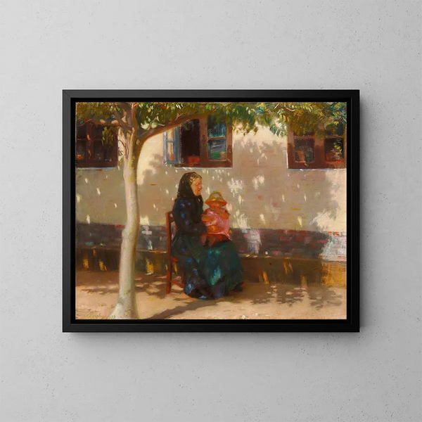 Frau von Skagen mit der kleinen Helga Ancher vor einem kalkweiß gestrichenen Haus unter der Sonne - Anna Ancher — gerahmtes Bild an der Wand