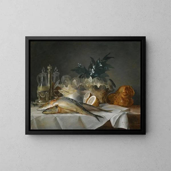 Naturstillleben mit Makrelen, Glaswaren, einem Brot und Zitronen auf einem Tisch mit weißer Tischdecke - Anne Vallayer-Coster — gerahmtes Bild an der Wand