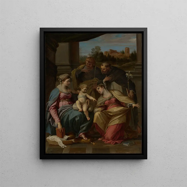 Die Jungfrau mit dem Kind mit den Heiligen Lucia, Dominikus und Ludwig von Frankreich - Annibale Carracci — gerahmtes Bild an der Wand