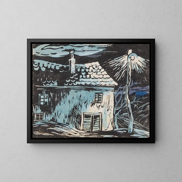 Haus bei Nacht - Anny Dollschein — gerahmtes Bild an der Wand