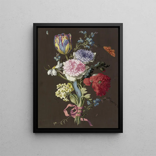 Anonymous - Blumengebinde aus Anemonen Anemona Tulpe Tulipa MohnPapaver Narzisse Narcissus und Aurikel Primula auricula mit braunem Schmetterling.webp