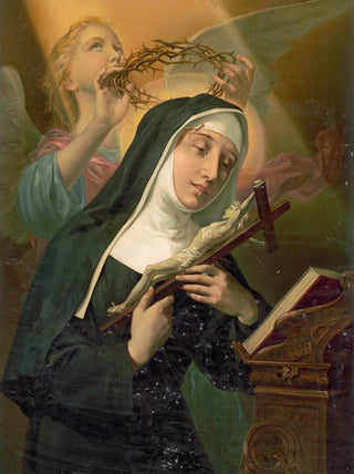 Anonymous - Female saint holding crucifix while crown of thorns is placed on her head by an angel.webp